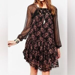 Free People Elsie Black Floral Sheer Whimsigoth‎ Boho Peasant Mini Dress Medium